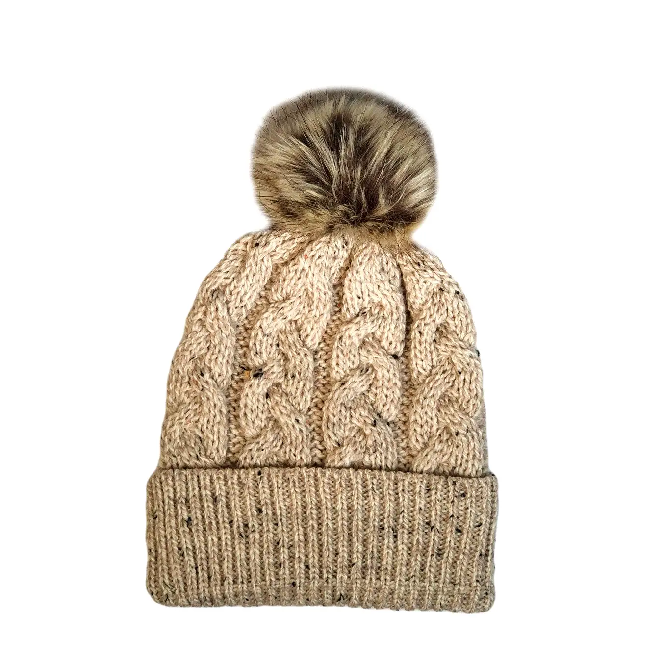 Aran Cable Knit Beanie with Faux Fur Pom Pom [ 5 Colors ]