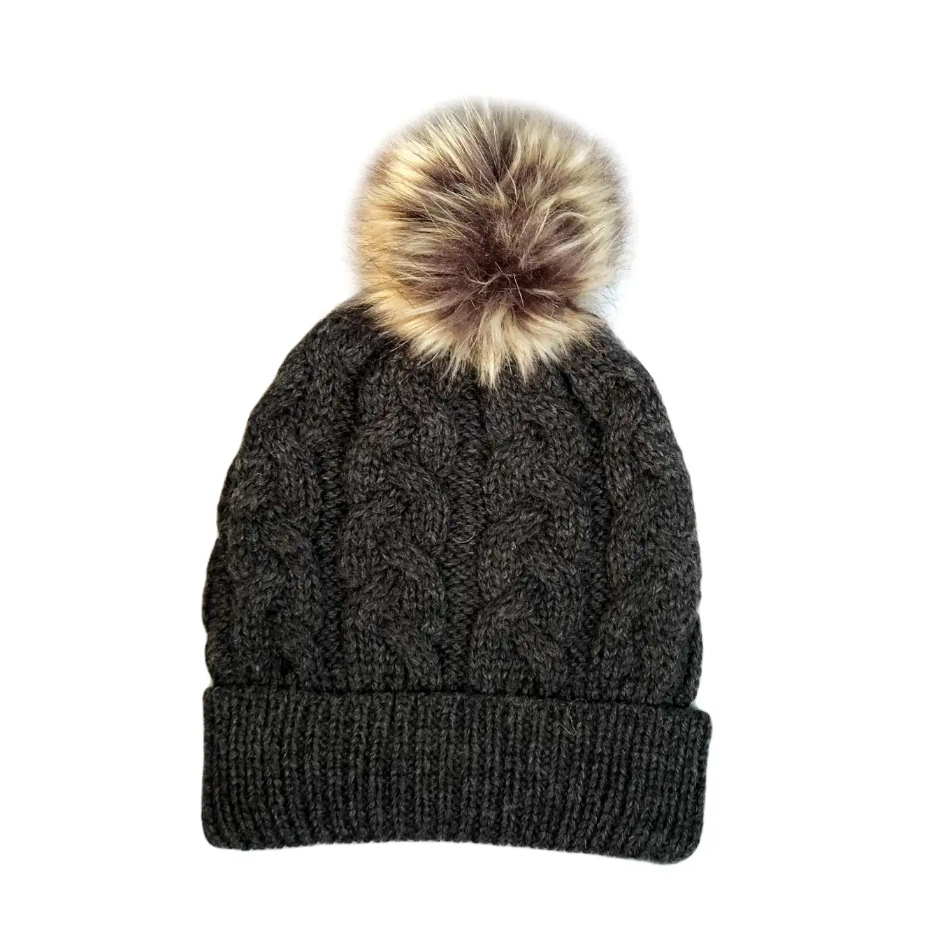 Aran Cable Knit Beanie with Faux Fur Pom Pom [ 5 Colors ]