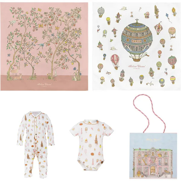 Atelier Choux Onesie, Playsuit & Blanket Gift Set, Pink Blue Carre In Bloom, Carre Hot Air Balloons & Sweetie Pie