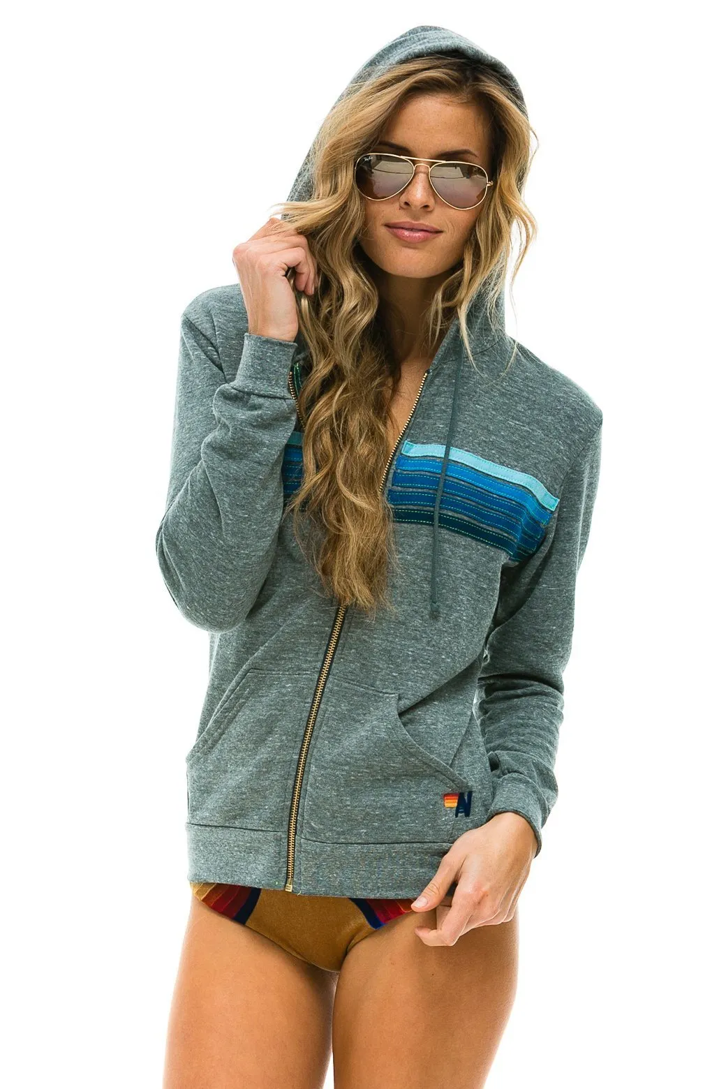 Aviator Nation 5 Stripe Hoodie- Heather Grey/Blue