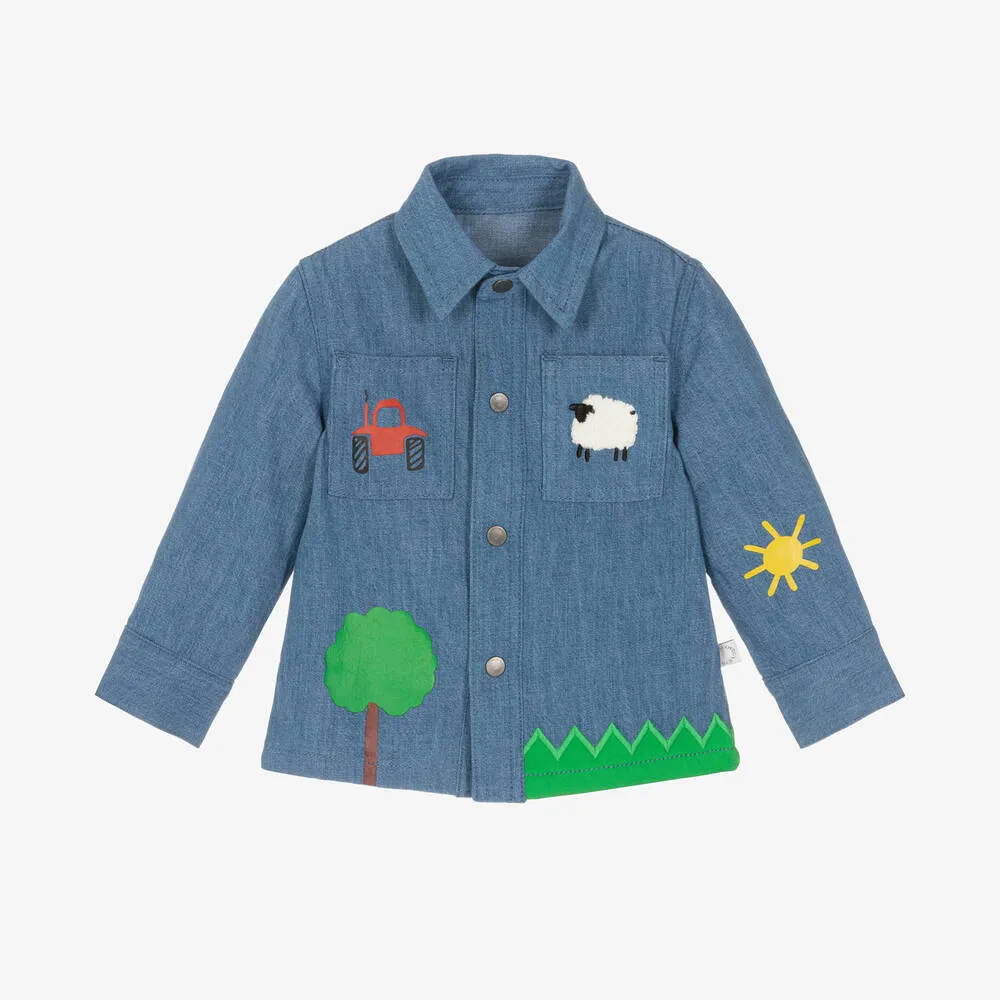 Baby Boys Blue Denim Farmyard Shirt