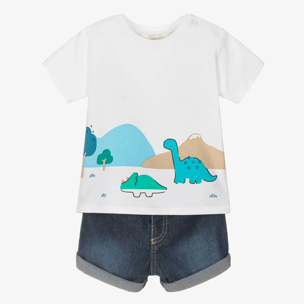 Baby Boys White & Blue Denim Shorts Set