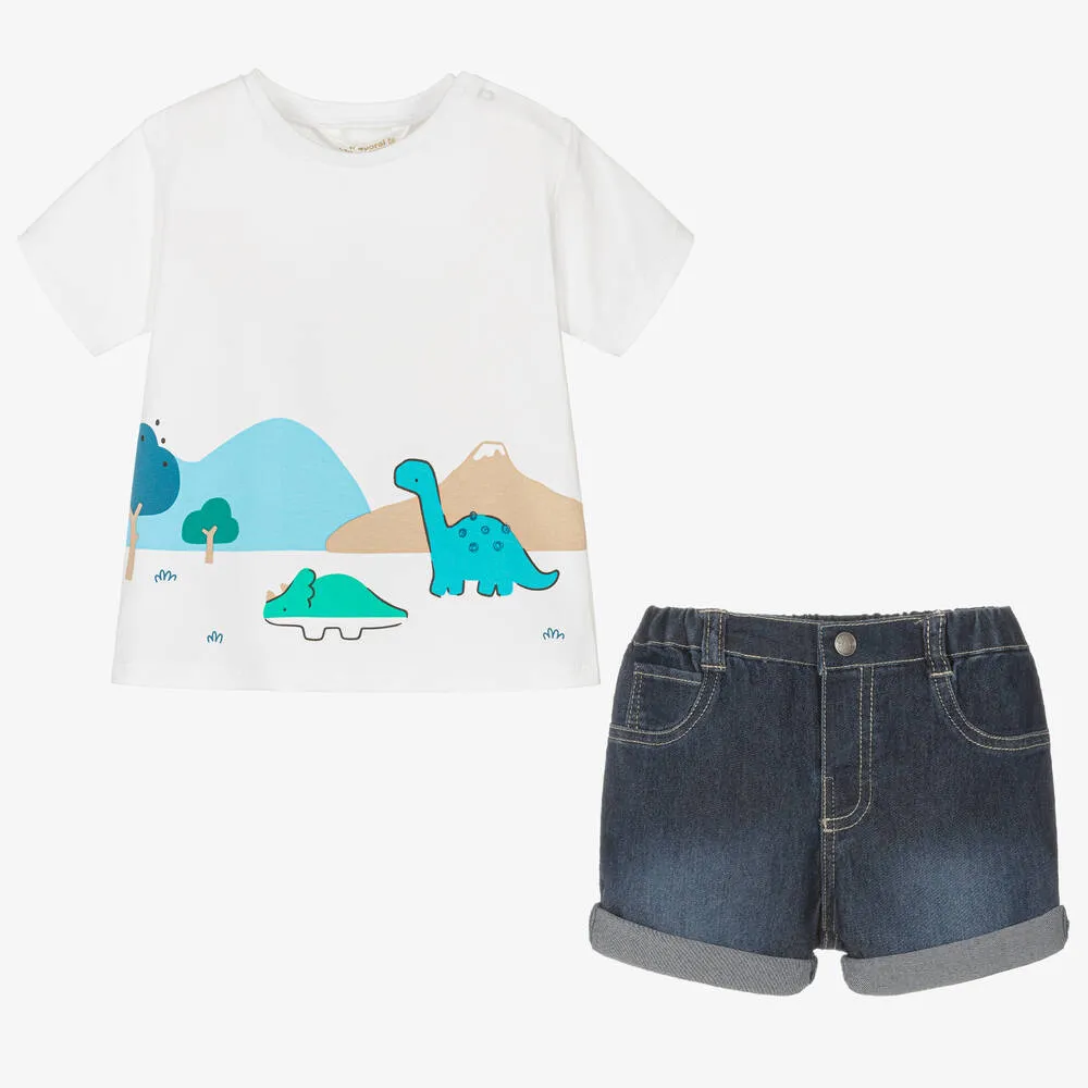 Baby Boys White & Blue Denim Shorts Set