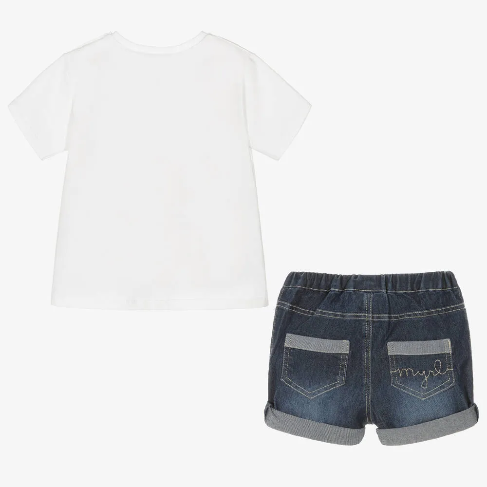 Baby Boys White & Blue Denim Shorts Set