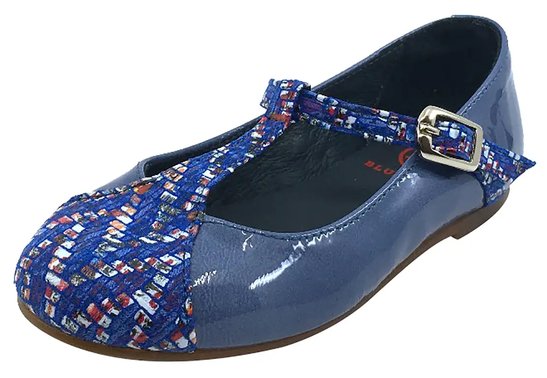 BluBlonc Girl's Denim Blue Patent Leather T-Strap Mosaic Printed Mary Jane Flat Shoe