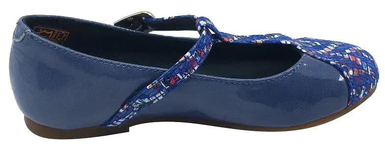 BluBlonc Girl's Denim Blue Patent Leather T-Strap Mosaic Printed Mary Jane Flat Shoe