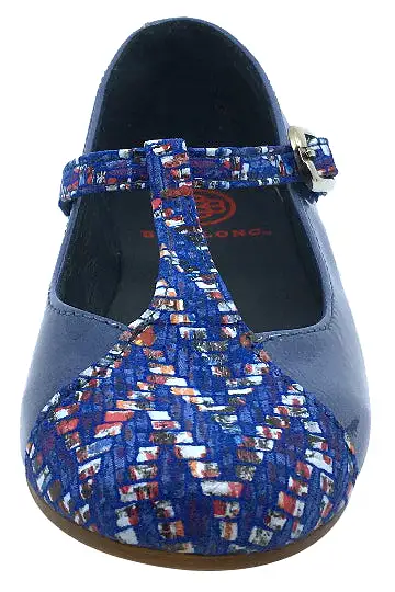 BluBlonc Girl's Denim Blue Patent Leather T-Strap Mosaic Printed Mary Jane Flat Shoe