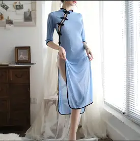 Blue Improve Chinese Traditional Cheongsam Dress Retro Cosplay Student Qipao Skirt Mesh Split Women's Nightgown Pajamas Costume 