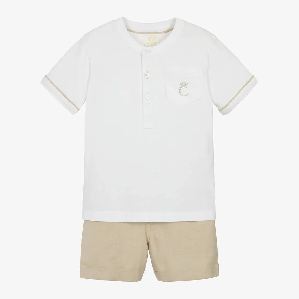 Boys Beige & Ivory Cotton Shorts Set