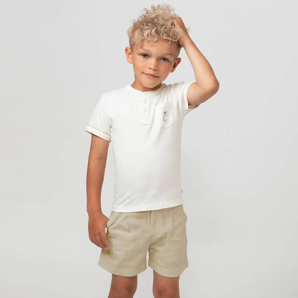 Boys Beige & Ivory Cotton Shorts Set