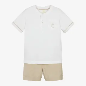 Boys Beige & Ivory Cotton Shorts Set