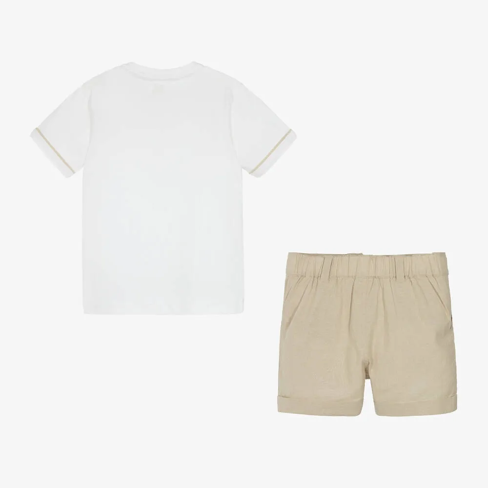 Boys Beige & Ivory Cotton Shorts Set