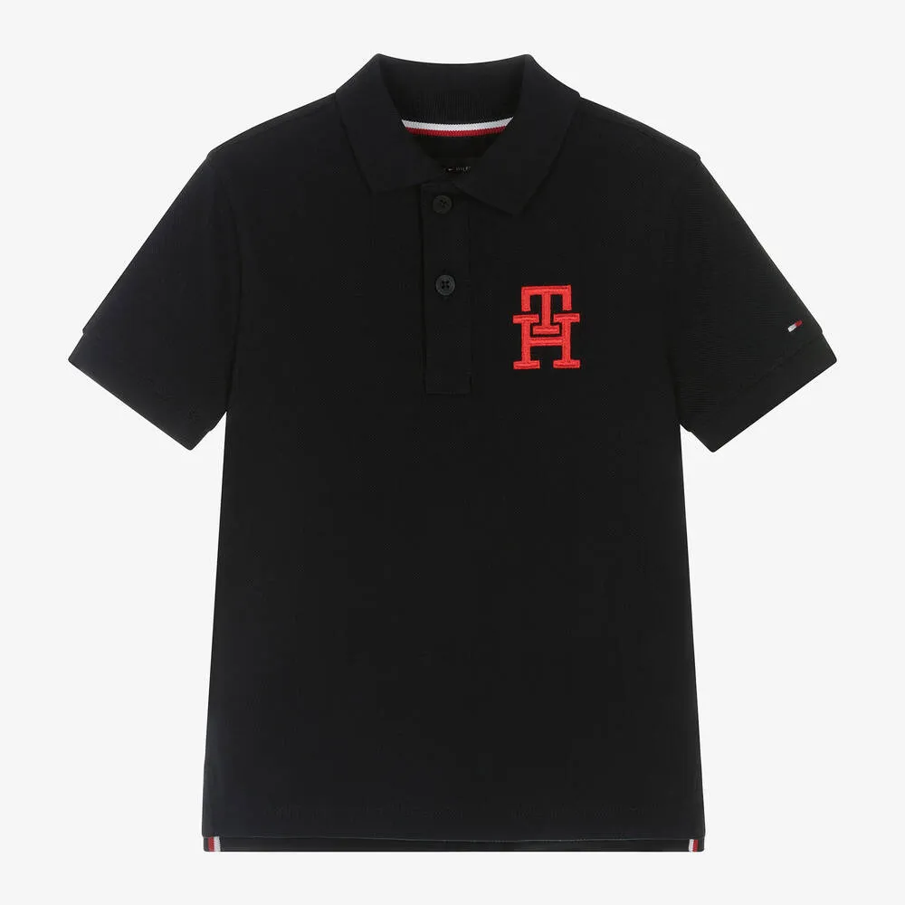 Boys Blue Cotton Monogram Logo Polo Shirt