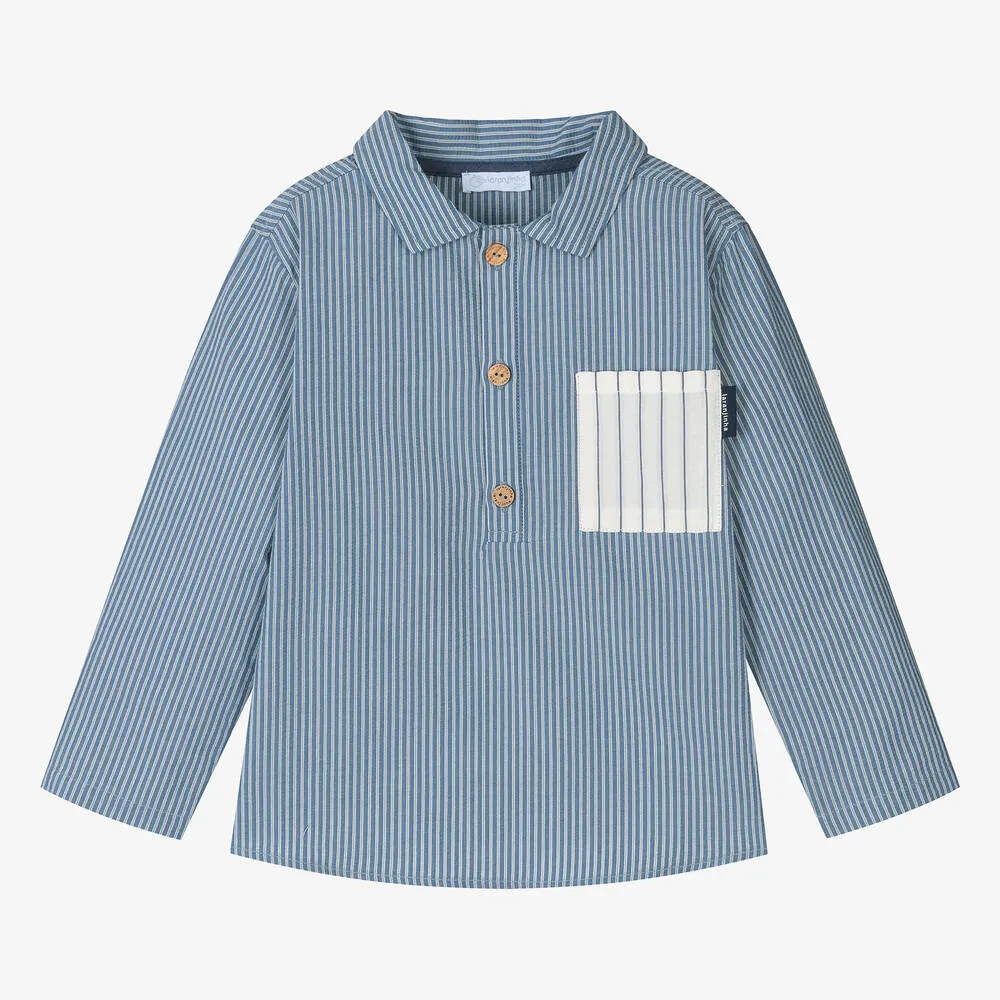 Boys Blue Striped Cotton Pop-Over Shirt