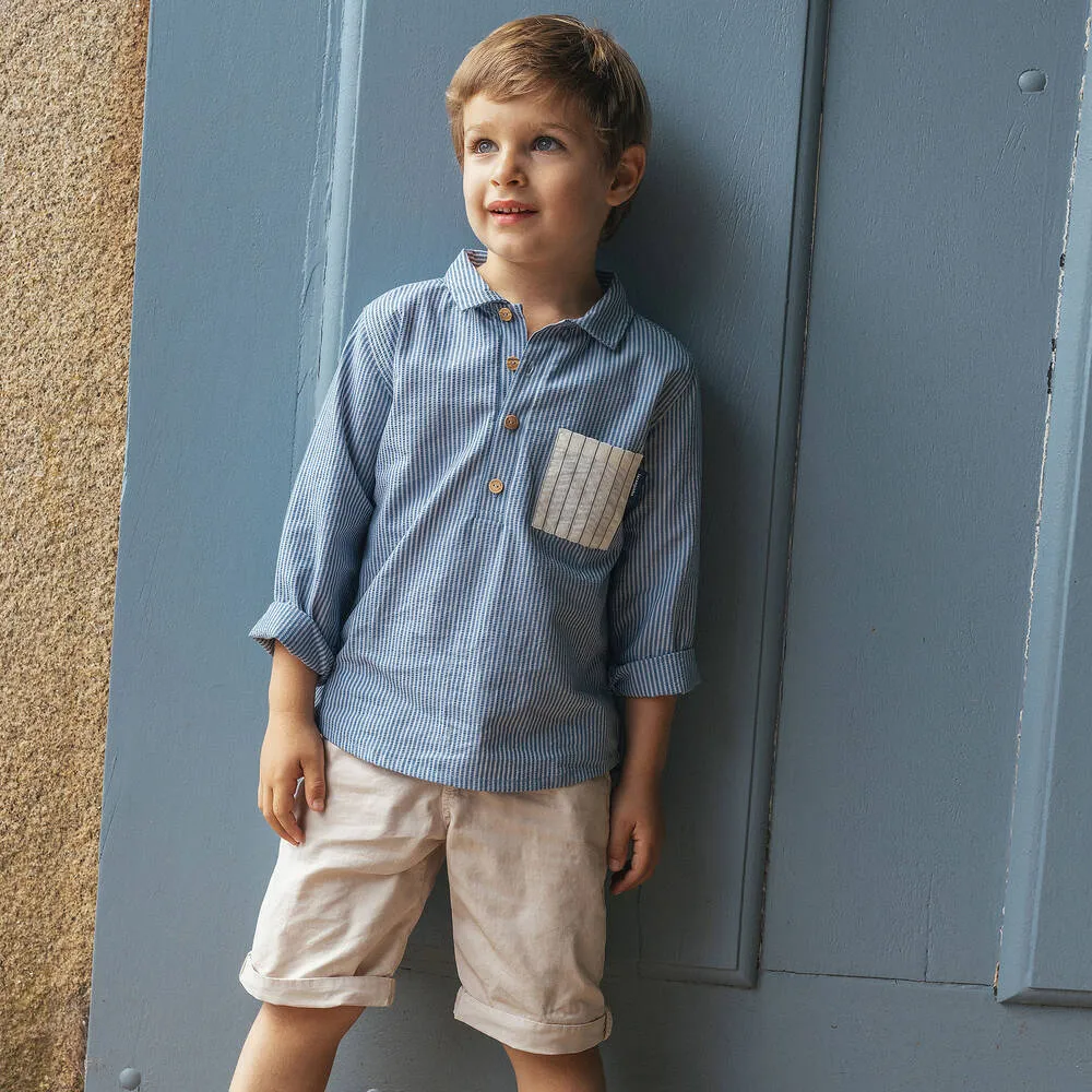 Boys Blue Striped Cotton Pop-Over Shirt