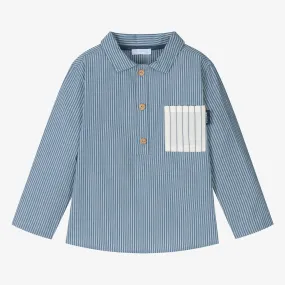 Boys Blue Striped Cotton Pop-Over Shirt