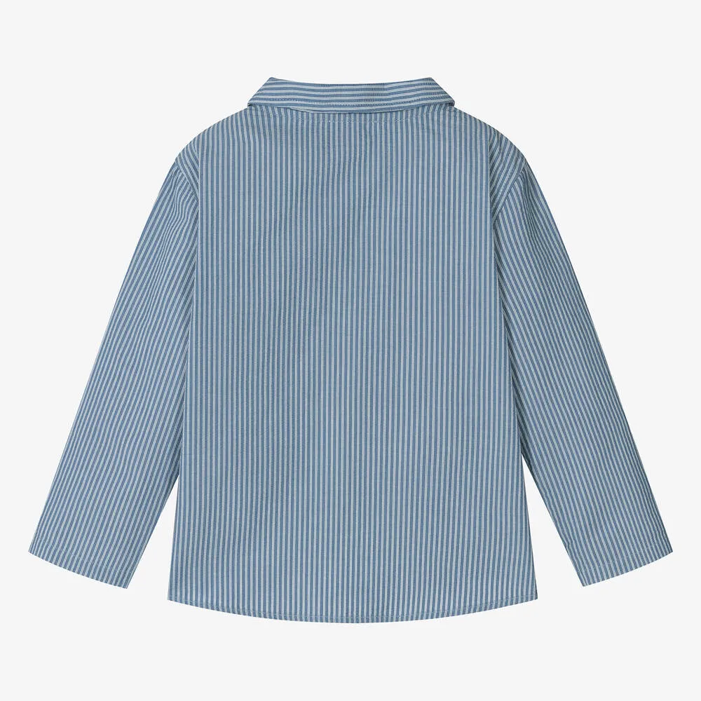 Boys Blue Striped Cotton Pop-Over Shirt