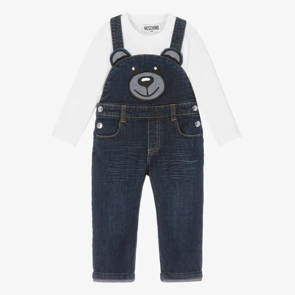 Boys Blue Teddy Bear Denim Dungaree Set