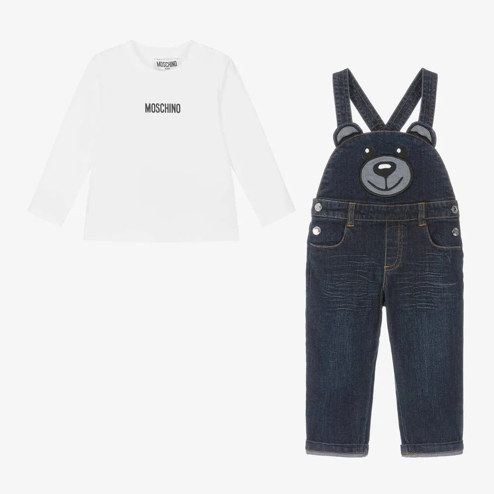 Boys Blue Teddy Bear Denim Dungaree Set