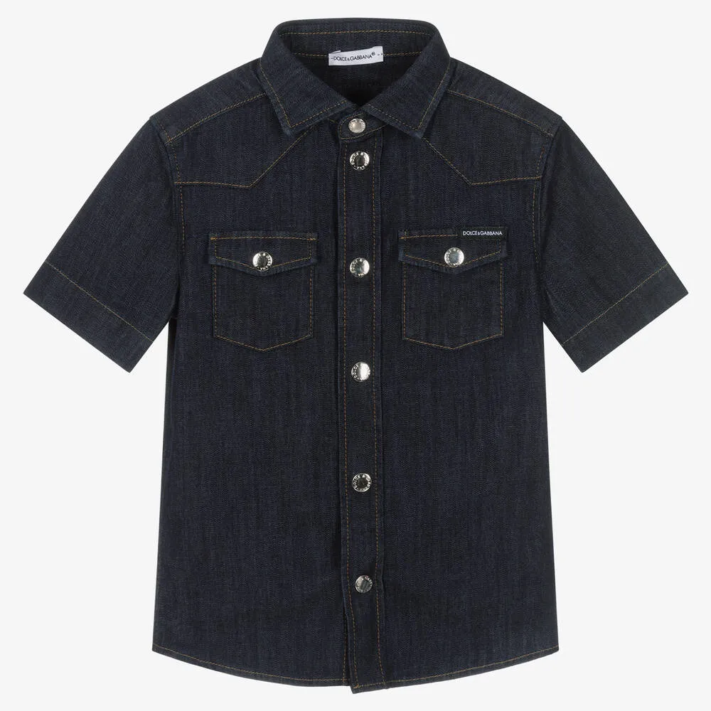 Boys Dark Blue Denim Logo Shirt