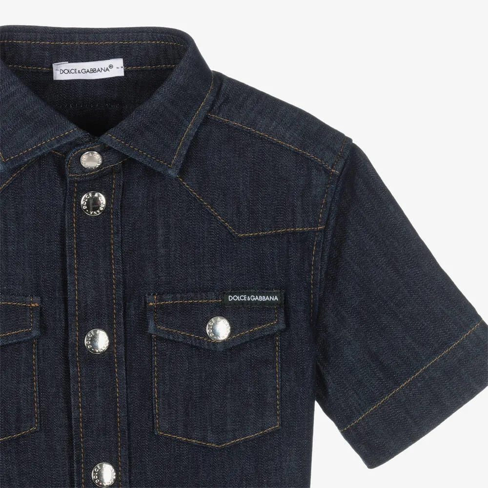 Boys Dark Blue Denim Logo Shirt