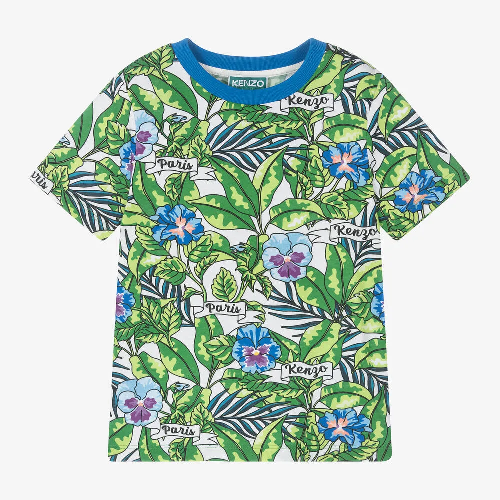 Boys Green Flower Print Cotton T-Shirt