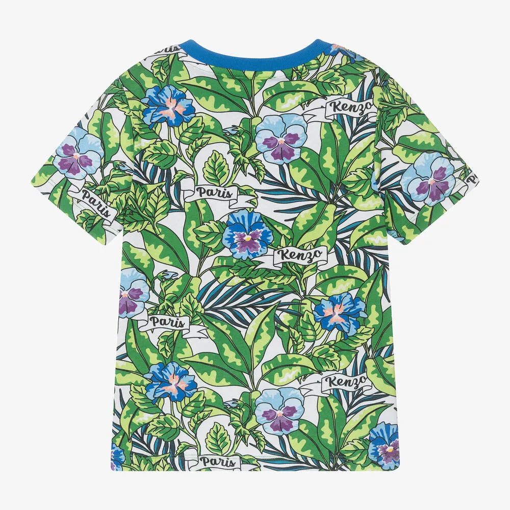 Boys Green Flower Print Cotton T-Shirt