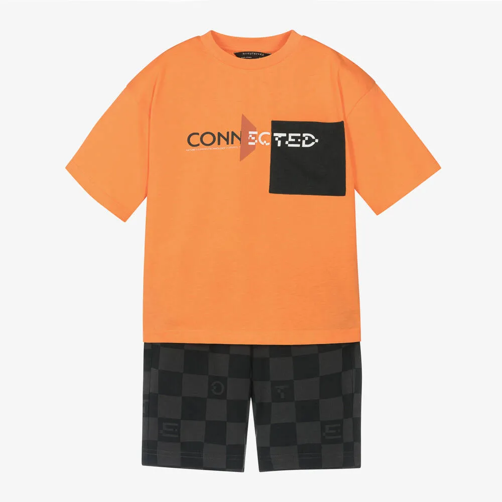 Boys Orange & Black Cotton Shorts Set