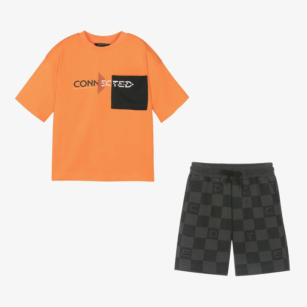 Boys Orange & Black Cotton Shorts Set