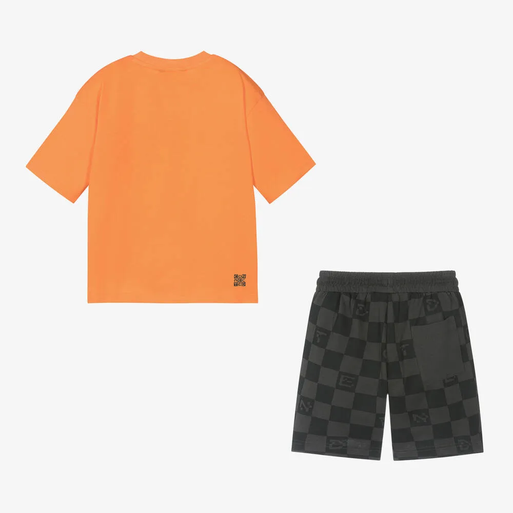 Boys Orange & Black Cotton Shorts Set