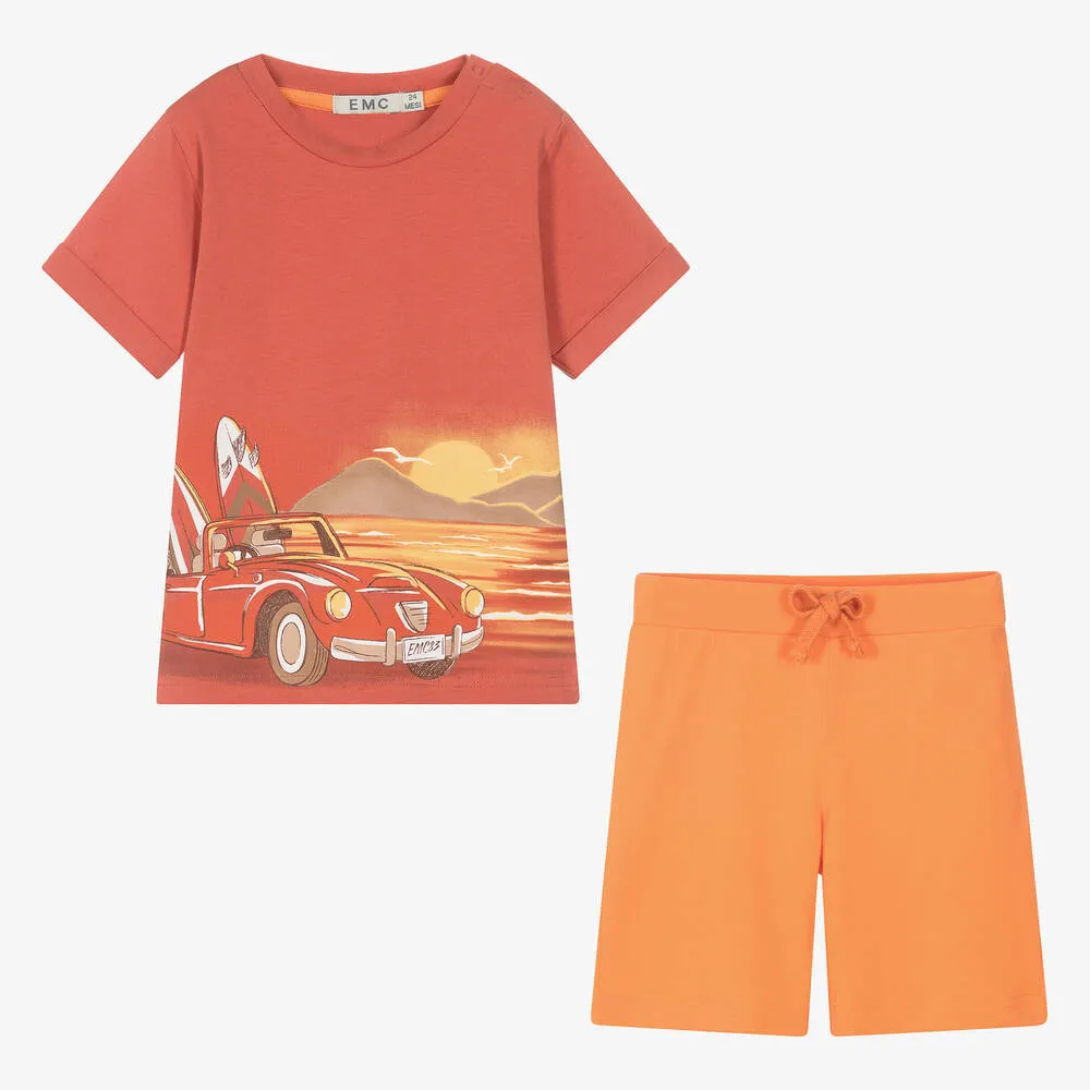 Boys Orange Cotton Car Print Shorts Set