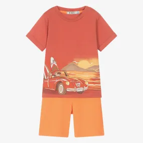 Boys Orange Cotton Car Print Shorts Set