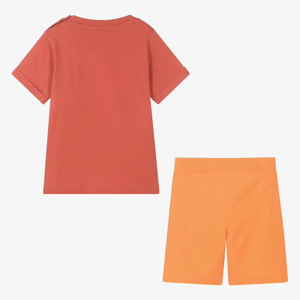 Boys Orange Cotton Car Print Shorts Set