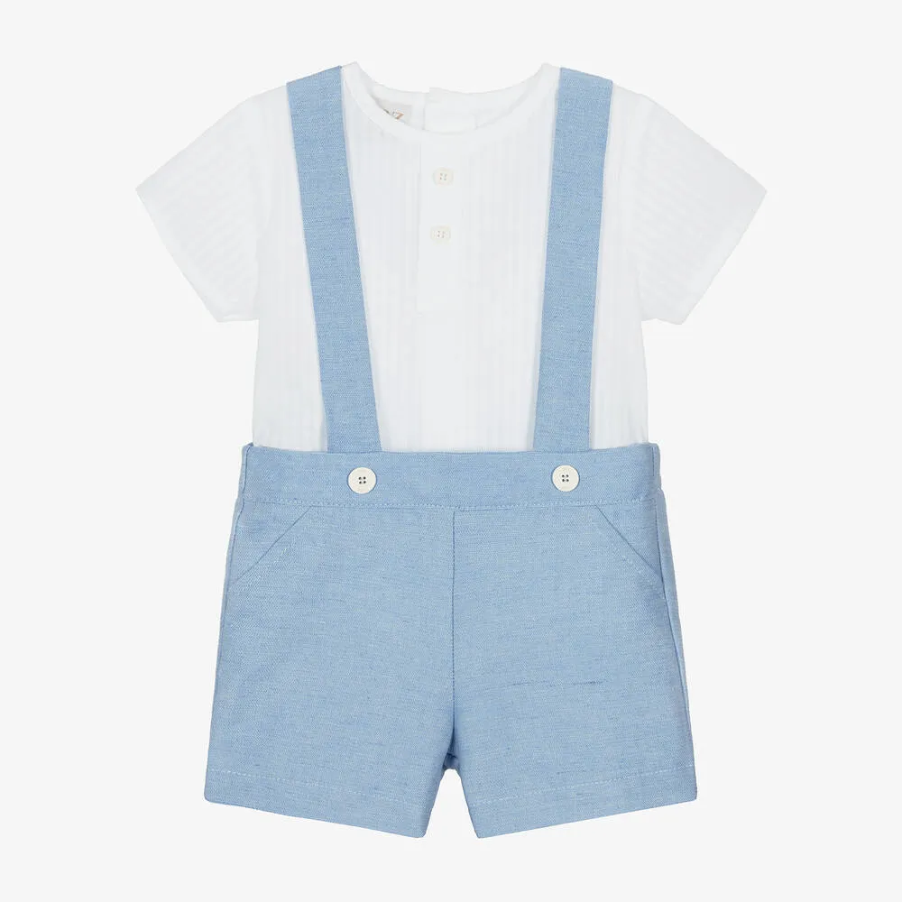 Boys White & Blue Cotton Shorts Set