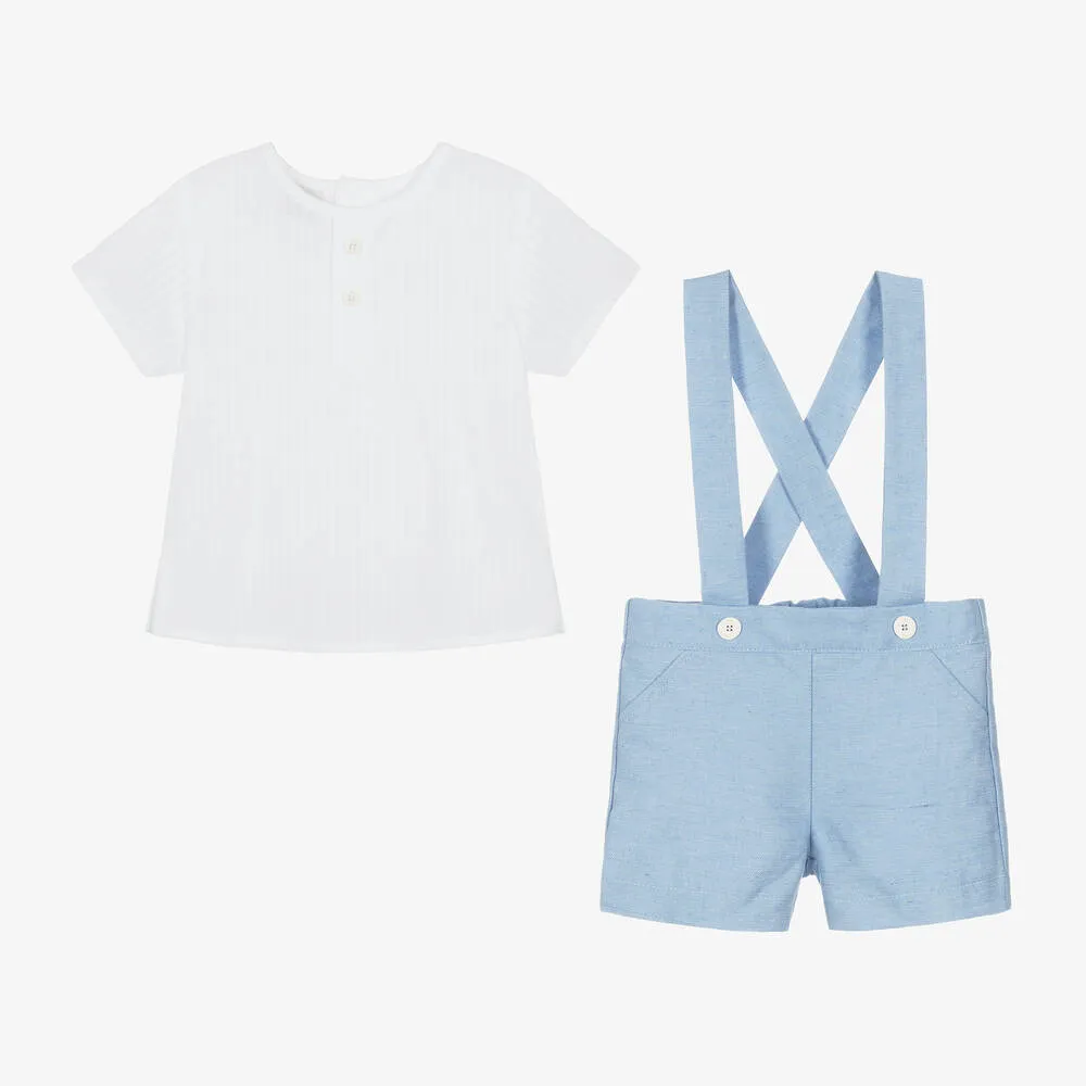 Boys White & Blue Cotton Shorts Set