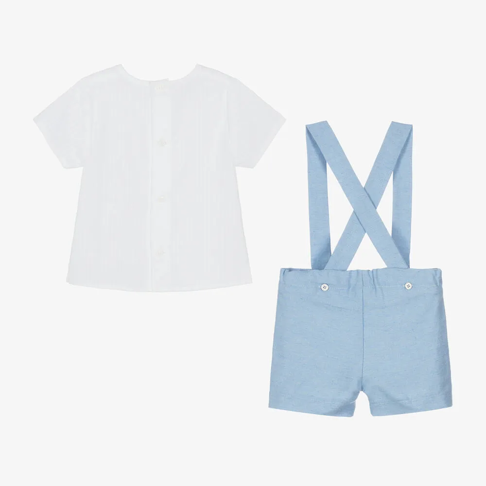 Boys White & Blue Cotton Shorts Set