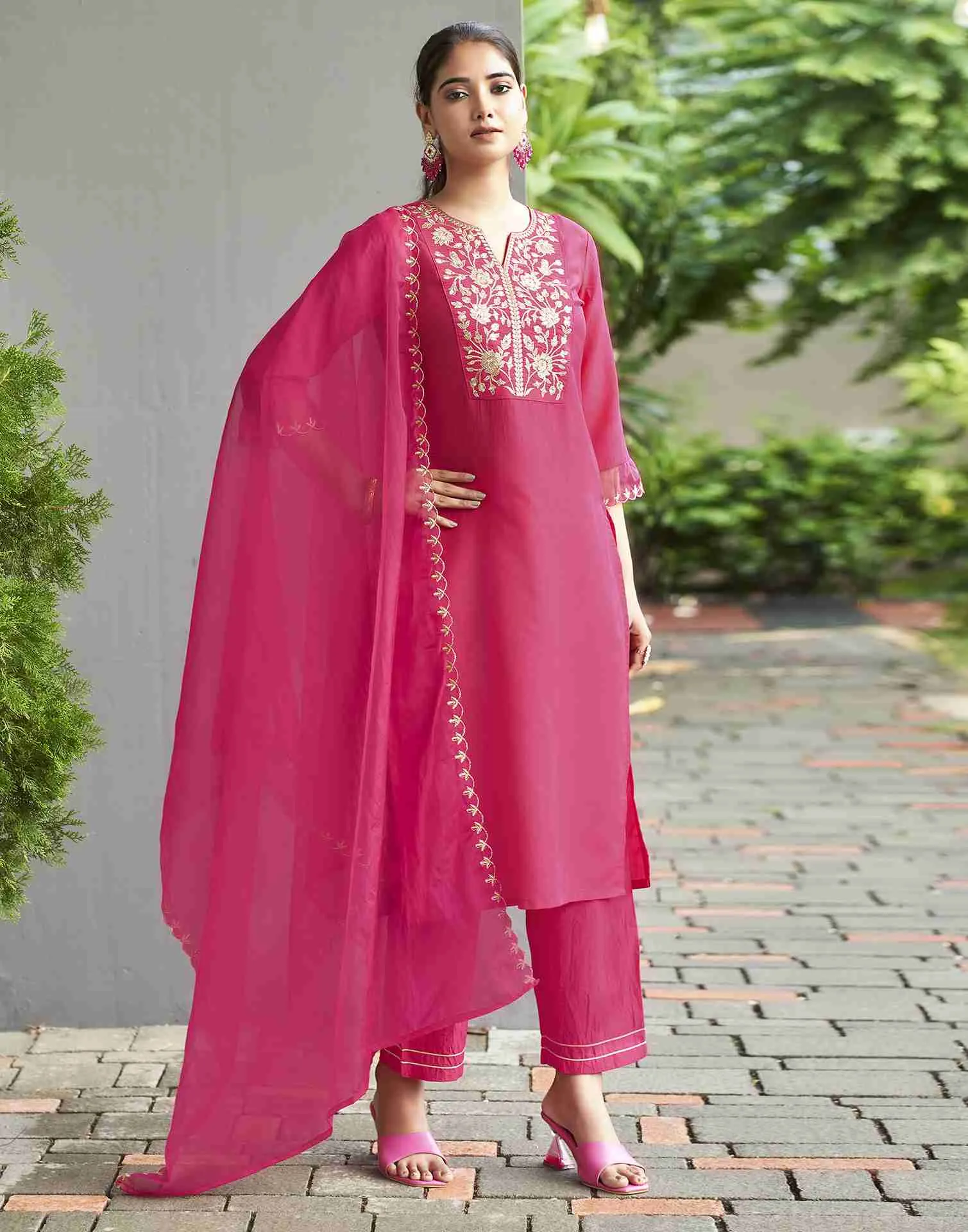 Dark Hot Pink Embroidery Chinnon Straight Kurta Set With Dupatta