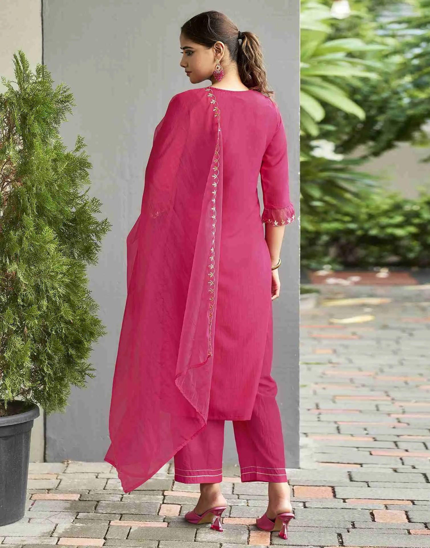 Dark Hot Pink Embroidery Chinnon Straight Kurta Set With Dupatta