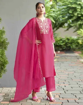 Dark Hot Pink Embroidery Chinnon Straight Kurta Set With Dupatta