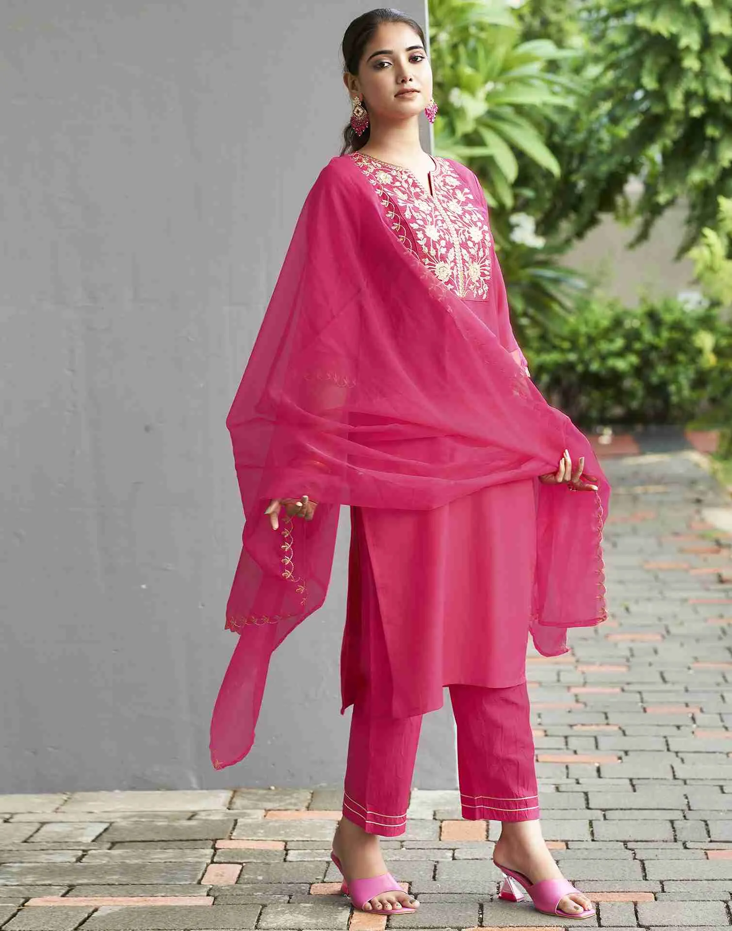 Dark Hot Pink Embroidery Chinnon Straight Kurta Set With Dupatta