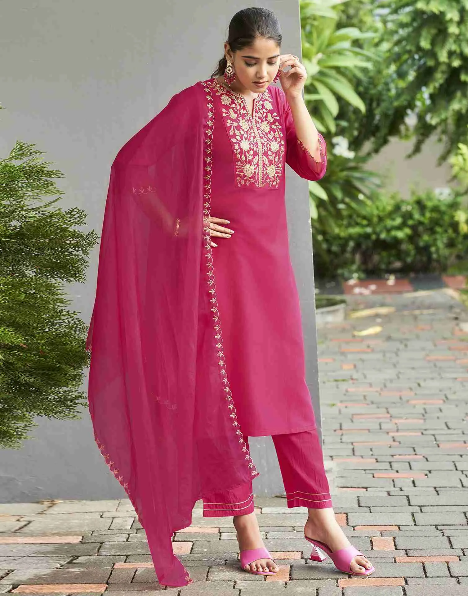 Dark Hot Pink Embroidery Chinnon Straight Kurta Set With Dupatta