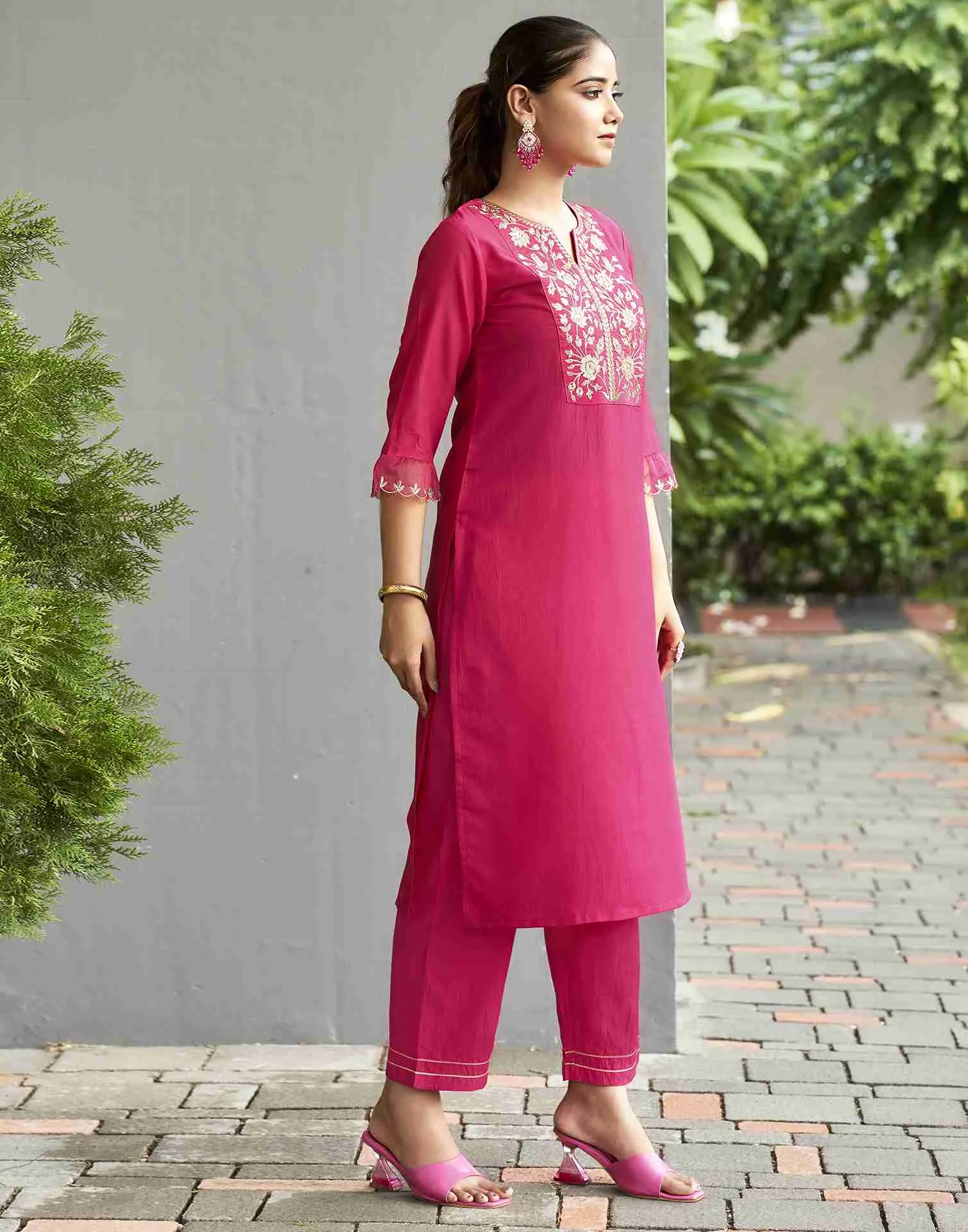 Dark Hot Pink Embroidery Chinnon Straight Kurta Set With Dupatta