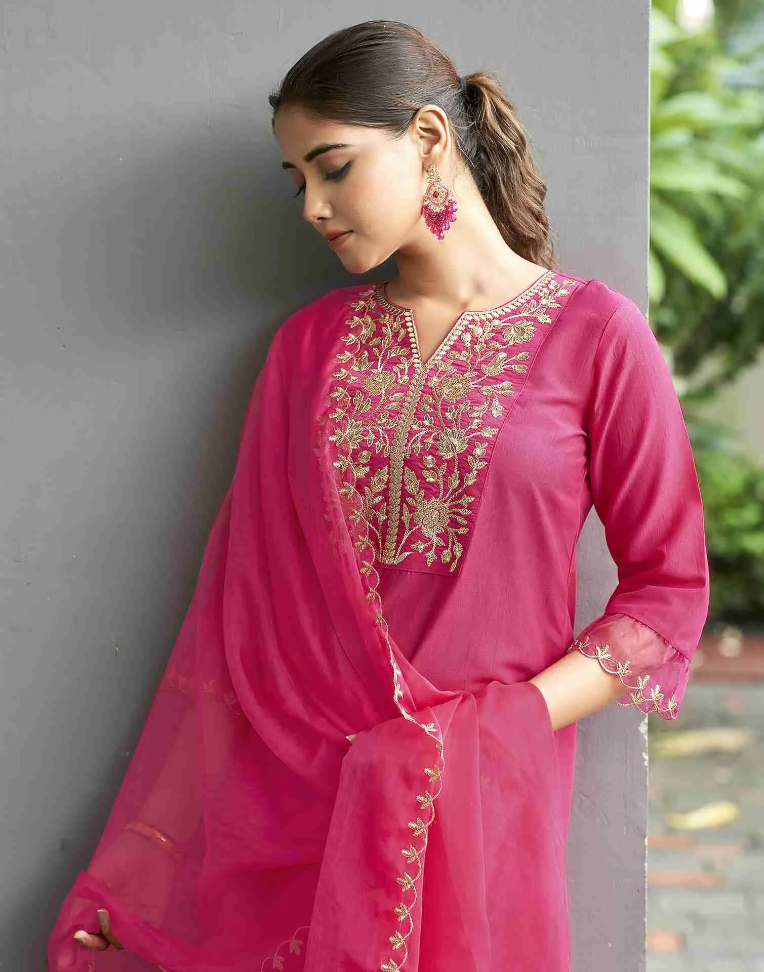 Dark Hot Pink Embroidery Chinnon Straight Kurta Set With Dupatta