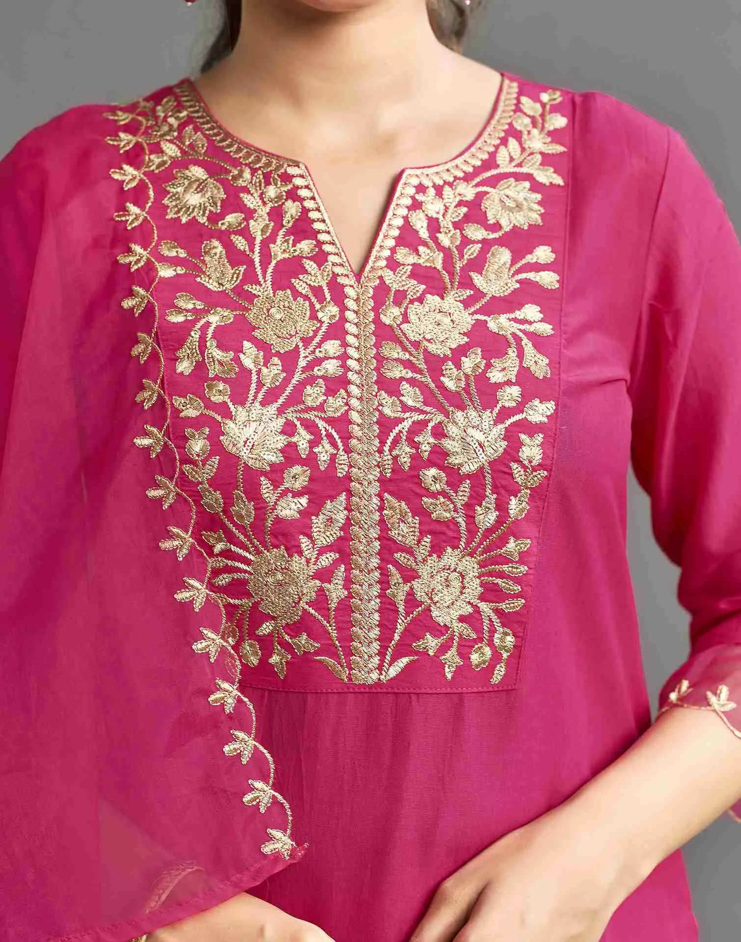 Dark Hot Pink Embroidery Chinnon Straight Kurta Set With Dupatta