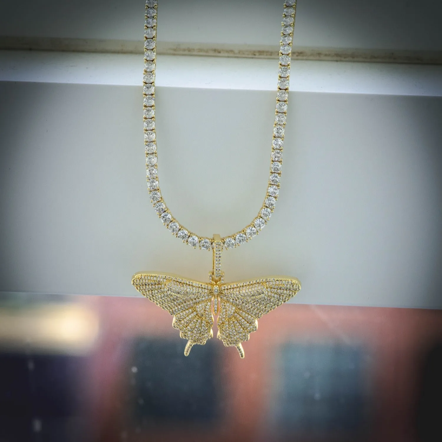 Diamond Butterfly Necklace in Yellow/White Gold