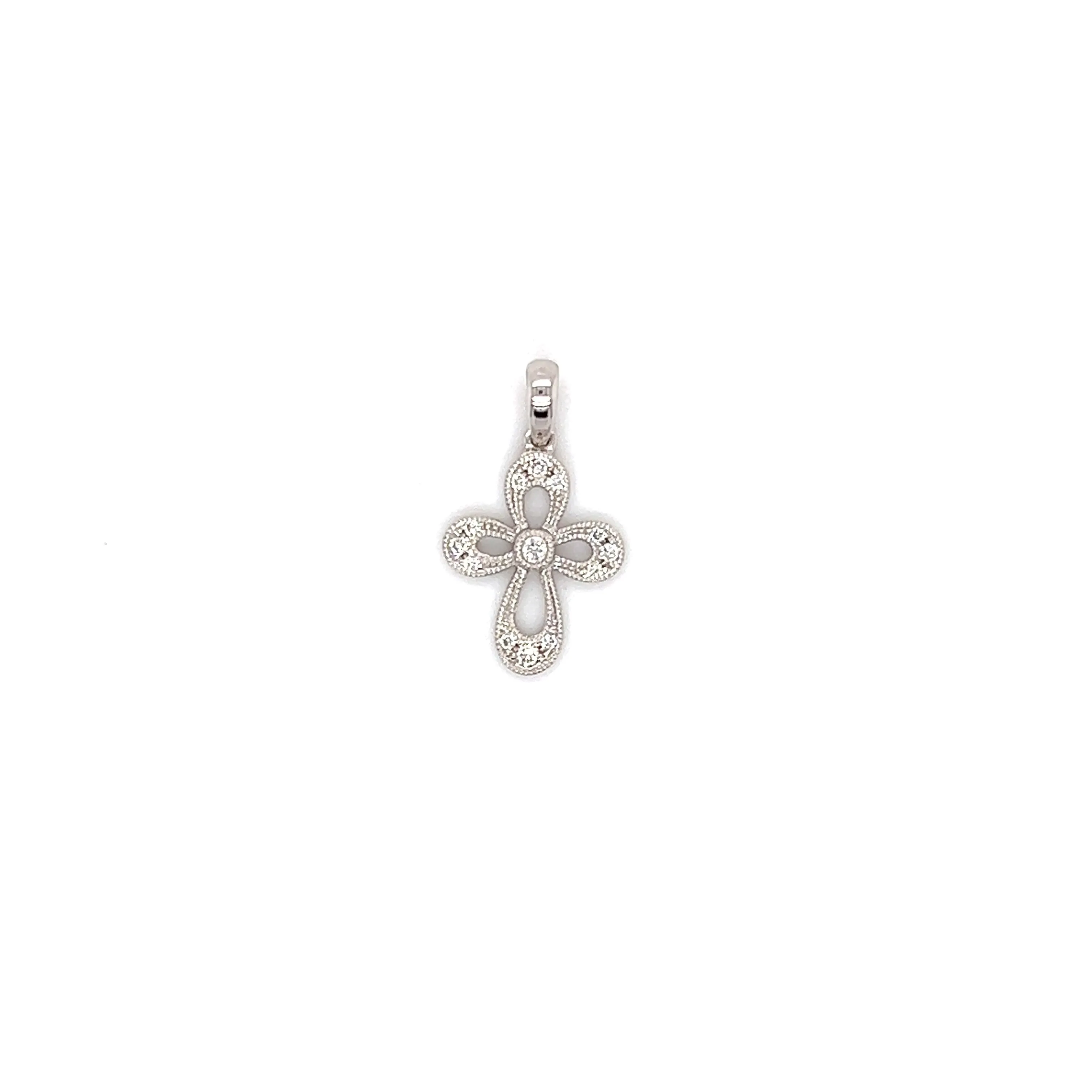 Diamond Cross with Milgrain Details in 14K White Gold