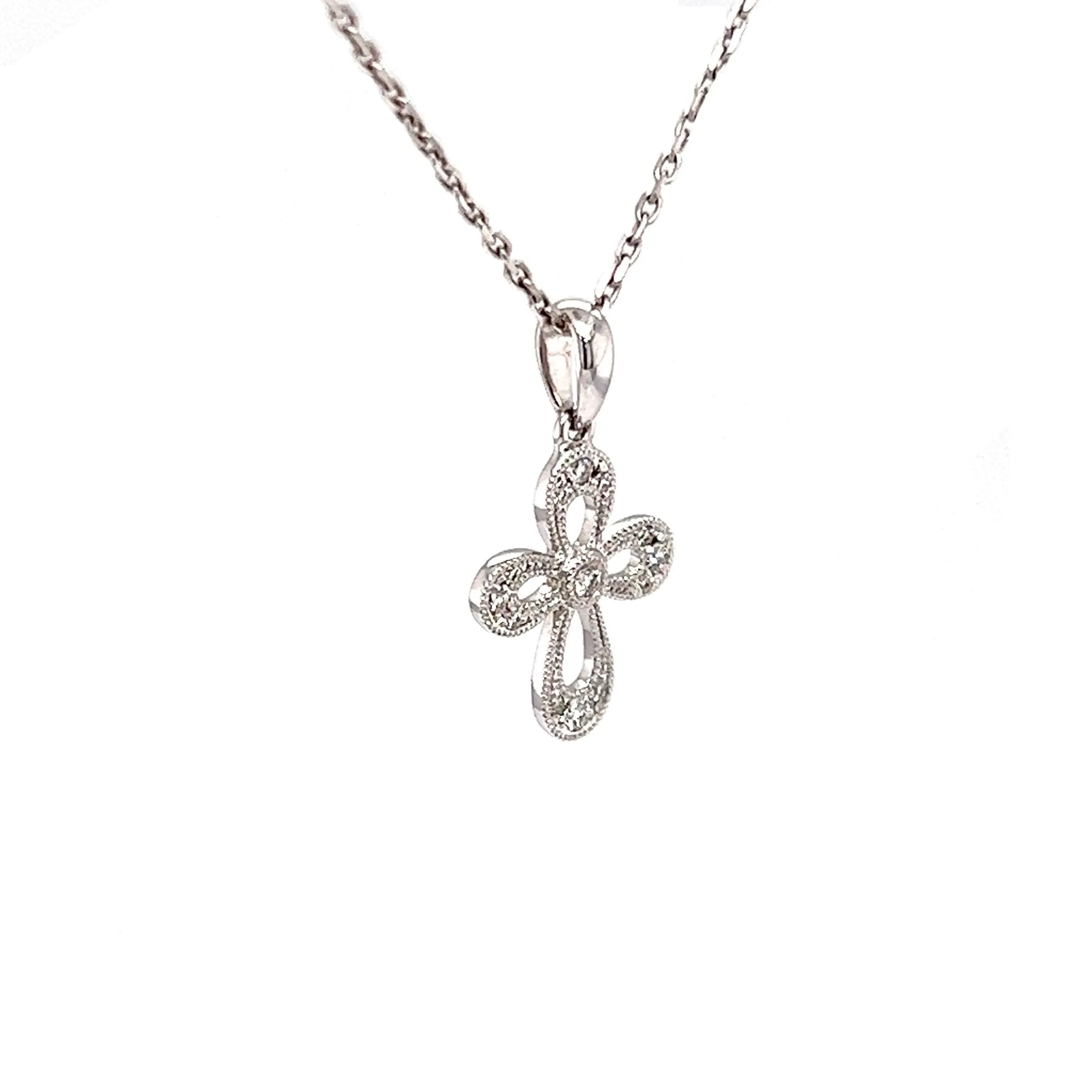 Diamond Cross with Milgrain Details in 14K White Gold