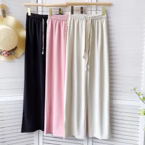 Elastic High Waist Women Casual Loose Wide Leg Solid Long Pants Split Hem Trousers