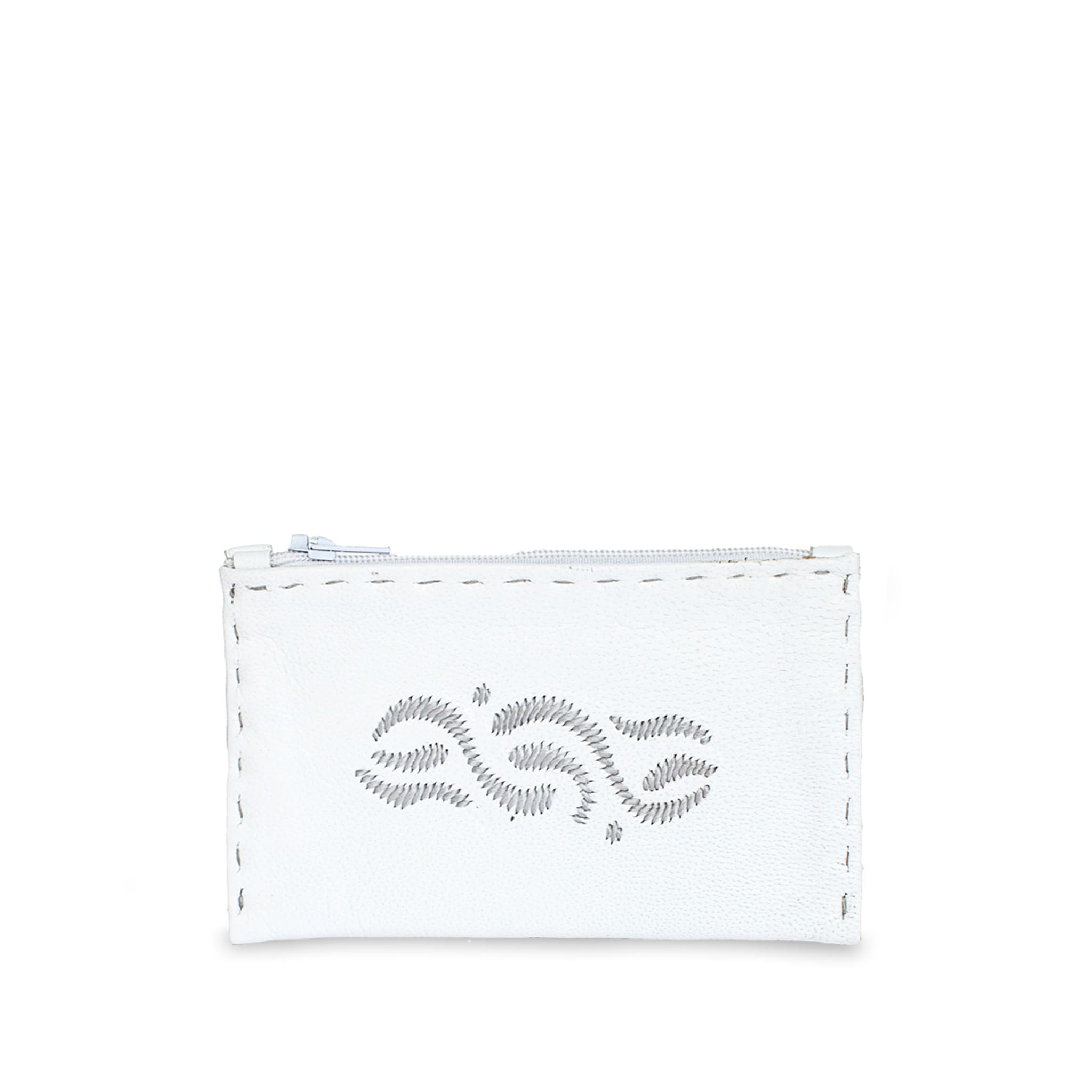 Embroidered Leather Coin Wallet in White, Silver