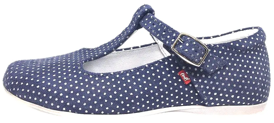 Emel Girl's Polka Dot Denim Blue Leather T-Strap Mary Jane Shoe